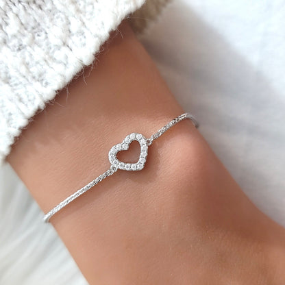 AMY Open Pave Heart Bracelet in Rhodium Over Sterling Silver