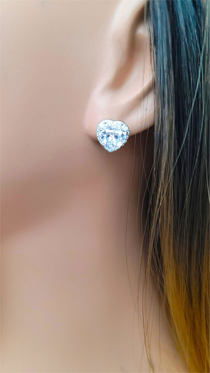 ANGEL White CZ Diamond Simulant Halo Heart Stud Earrings in Rhodium Over Sterling Silver