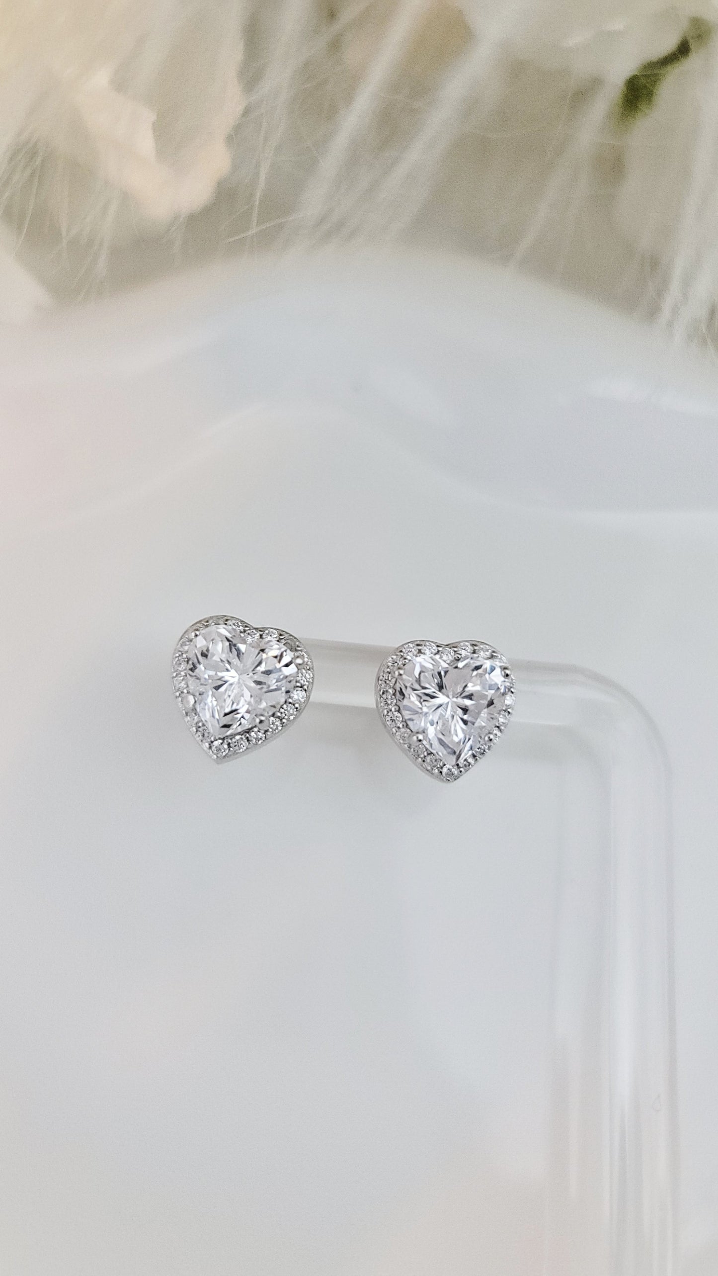 ANGEL White CZ Diamond Simulant Halo Heart Stud Earrings in Rhodium Over Sterling Silver