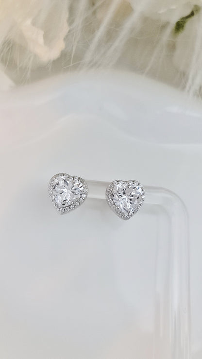 ANGEL White CZ Diamond Simulant Halo Heart Stud Earrings in Rhodium Over Sterling Silver