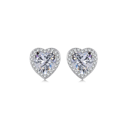 ANGEL White CZ Diamond Simulant Halo Heart Stud Earrings in Rhodium Over Sterling Silver