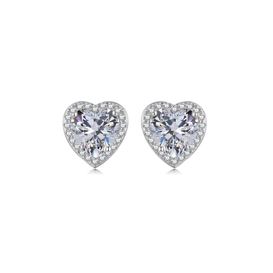 ANGEL White CZ Diamond Simulant Halo Heart Stud Earrings in Rhodium Over Sterling Silver