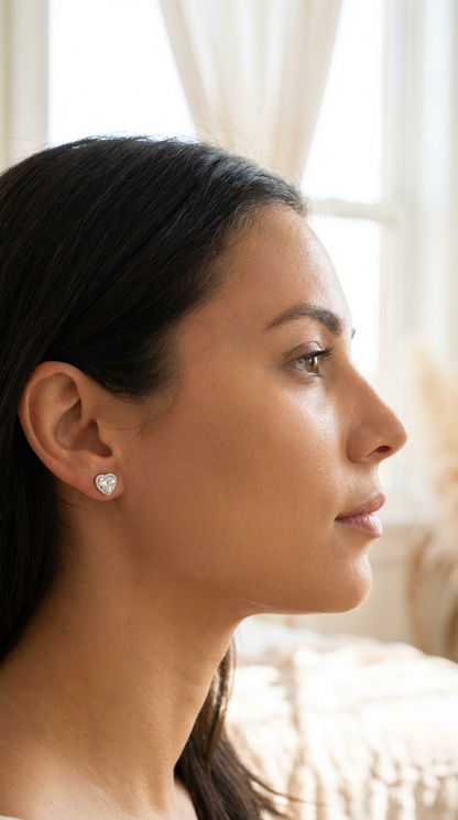 ANGEL White CZ Diamond Halo Heart Stud Earrings in Rhodium Over Sterling Silver