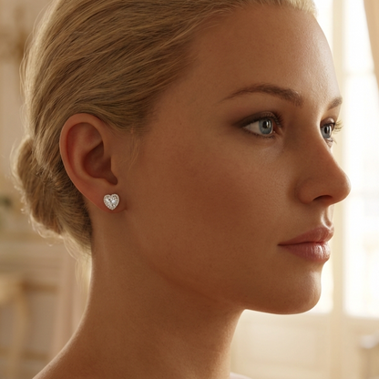 ANGEL White CZ Diamond Halo Heart Stud Earrings in Rhodium Over Sterling Silver