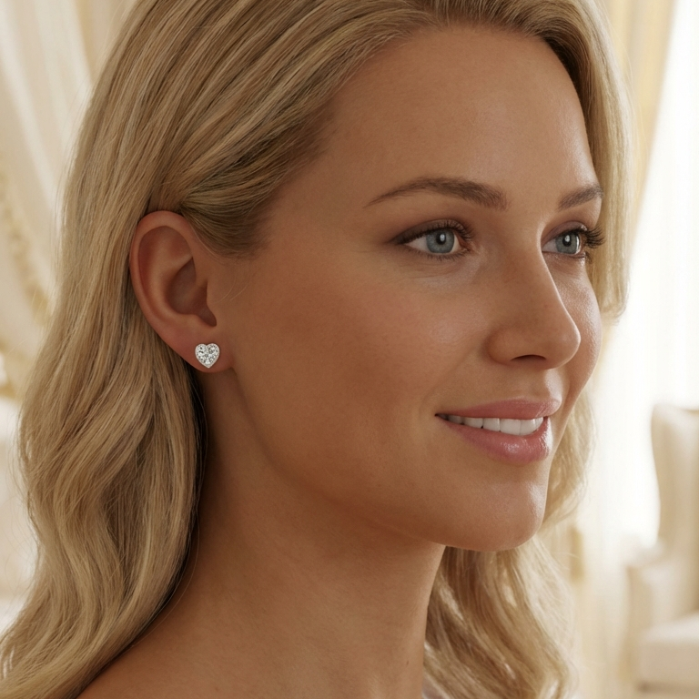 ANGEL White CZ Diamond Halo Heart Stud Earrings in Rhodium Over Sterling Silver