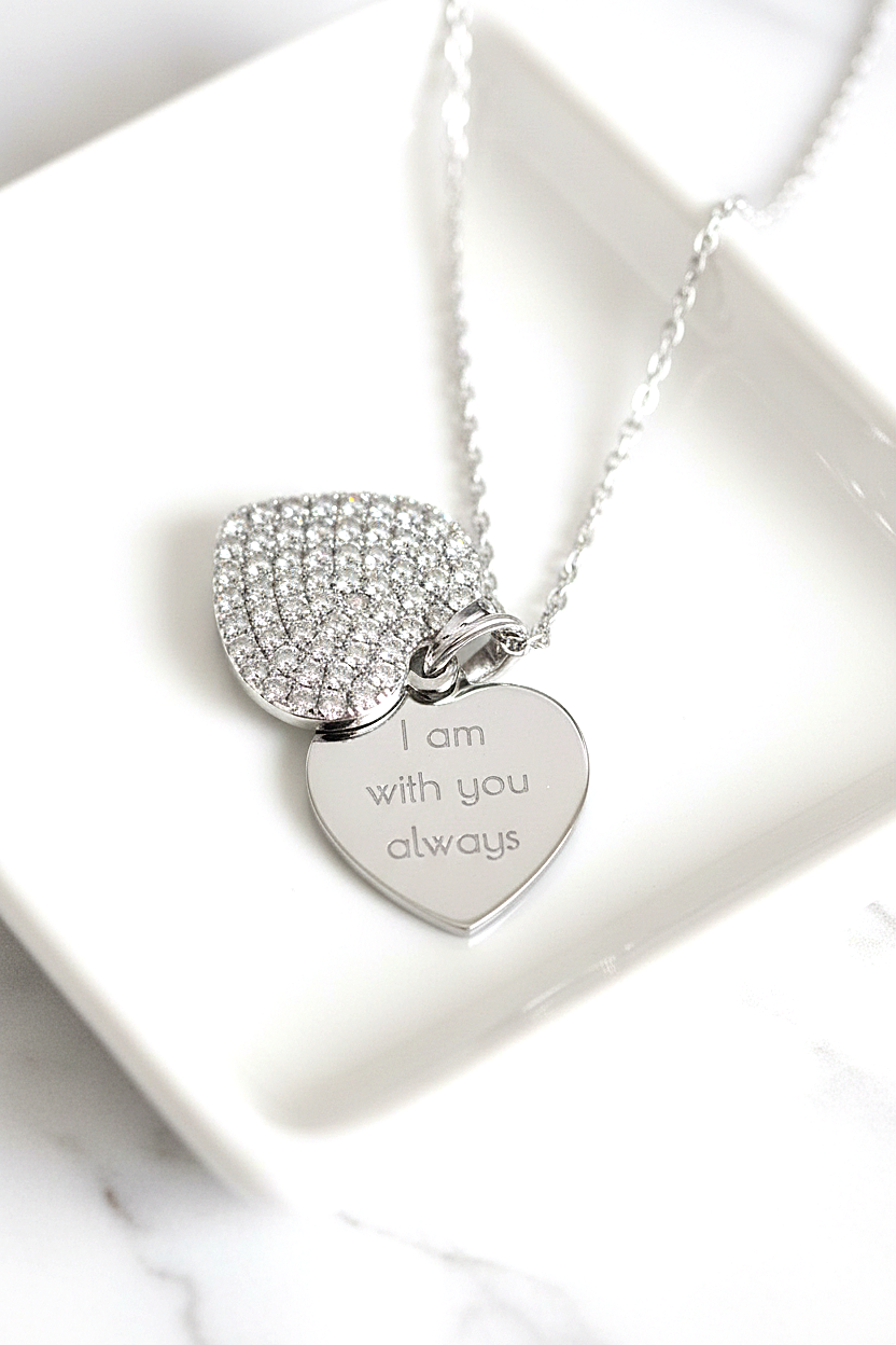ANGELIQUE "I Am With You Always" Pavé CZ Double Heart Pendant Necklace