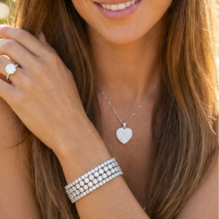 ANGELIQUE "I Love You Deeply" Pave White CZ Diamond Double Heart Pendant Necklace