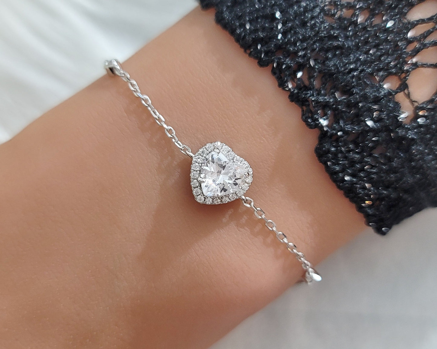 ANGIE Halo Heart Bracelet in Rhodium Over Sterling Silver