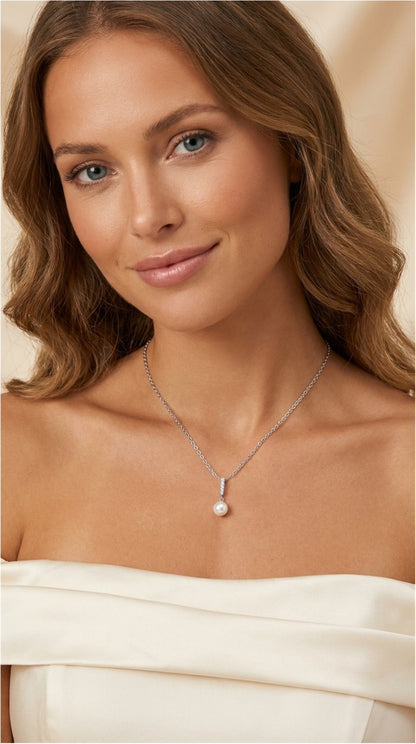 ANNETTE White Crystal Diamond Pearl Pendant Necklace 18K White Gold Over Sterling Silver