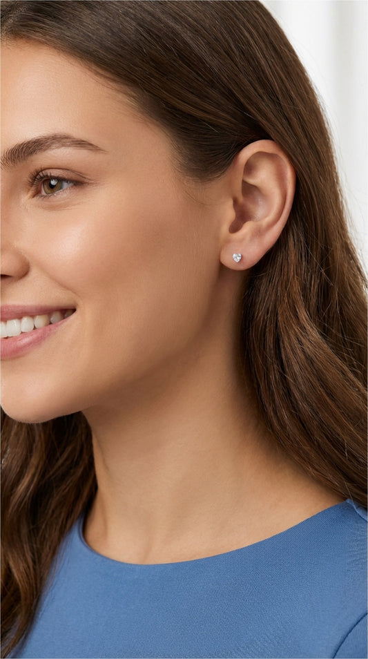 ANYA 4MM White CZ Diamond Heart Stud Earrings in Rhodium Over Sterling Silver