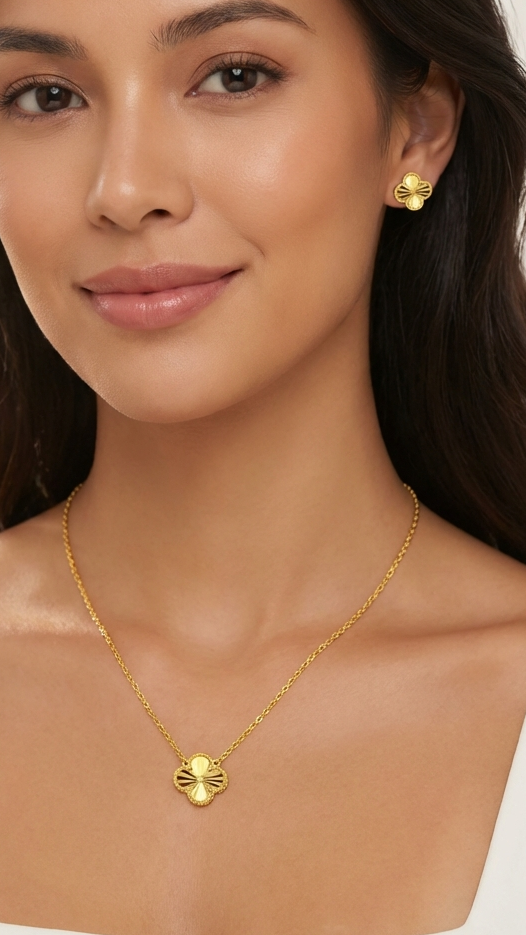 AUDREY Four-Leaf Clover Earrings, Necklace Set in 18K Gold Over Sterling Silver