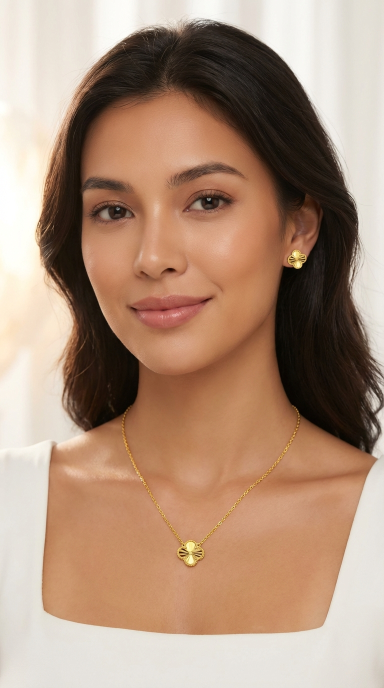 AUDREY Four-Leaf Clover Earrings, Necklace Set in 18K Gold Over Sterling Silver