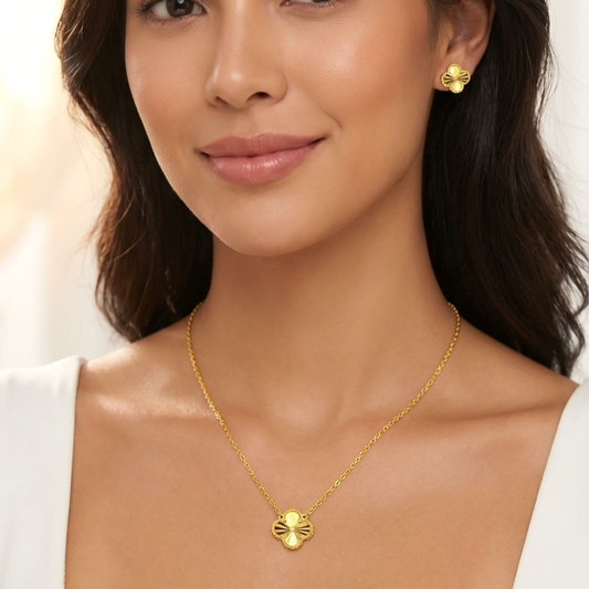 AUDREY Four-Leaf Clover Earrings, Necklace Set in 18K Gold Over Sterling Silver