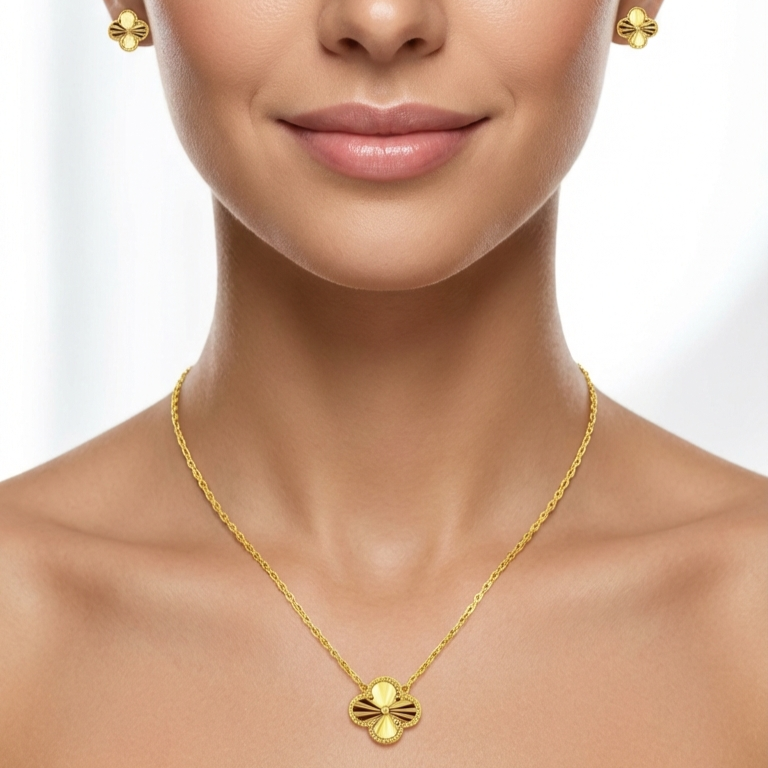 AUDREY Four-Leaf Clover Earrings, Necklace Set in 18K Gold Over Sterling Silver