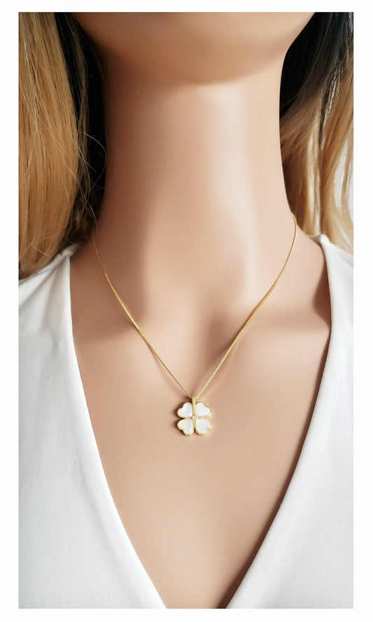 BEATRICE Opal Heart Four Leaf Clover Necklace Pendant 18K Gold Plated