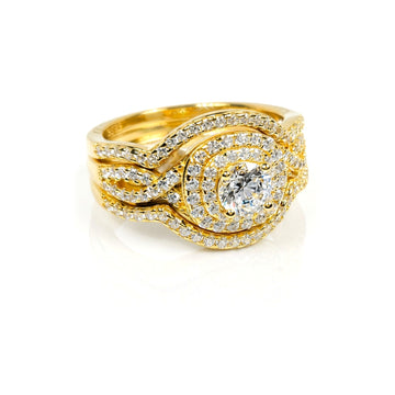 BETTY CZ Diamond Halo Round Bridal Stacking Ring Set in 14K GP