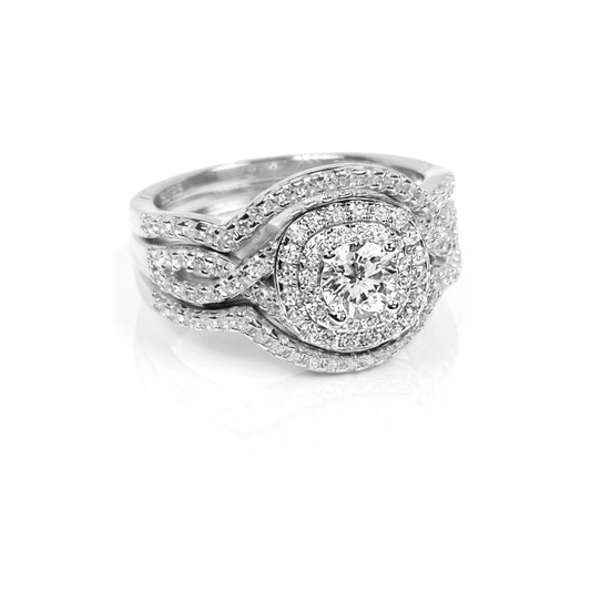 BETTY White CZ Diamond Halo Round Bridal Ring Set in Rhodium Over Sterling Silver