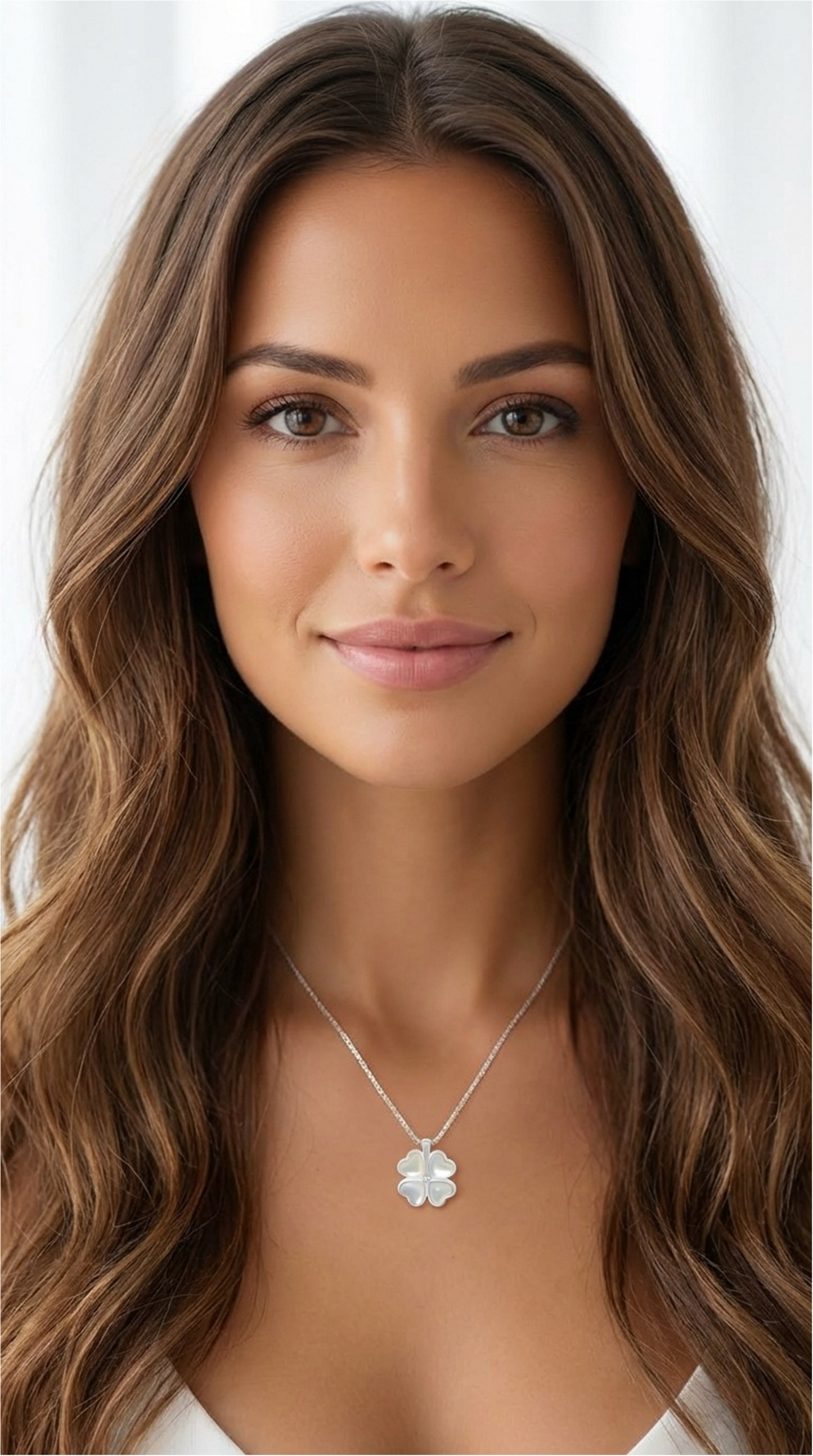 BEATRICE Opal Heart Four-Leaf Clover Pendant Necklace in Rhodium Over Sterling Silver