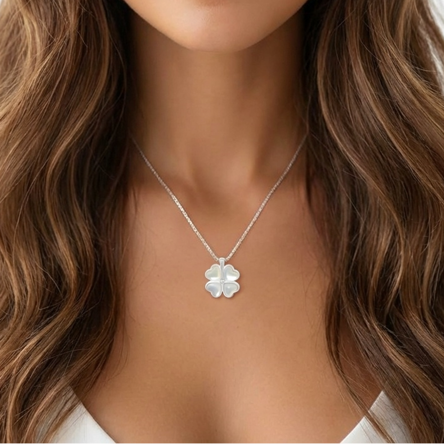 BEATRICE Opal Heart Four-Leaf Clover Pendant Necklace in Rhodium Over Sterling Silver