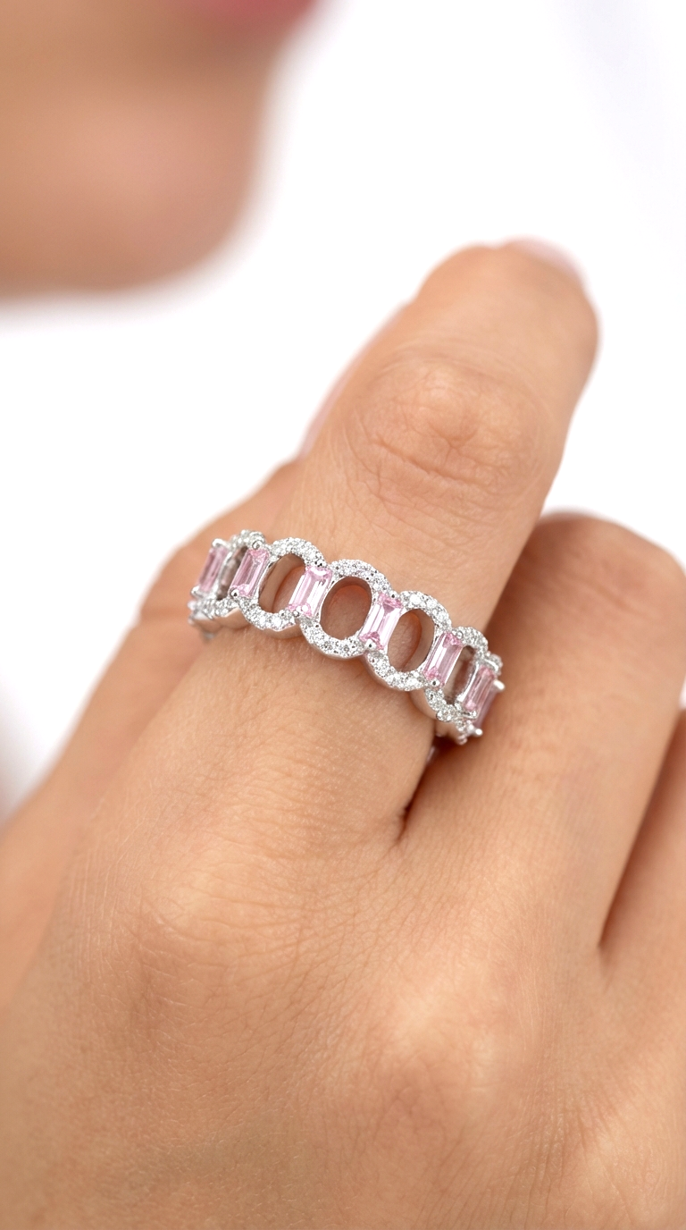 BELLA Pink and White CZ Diamonds Ring in Rhodium Over Sterling Silver