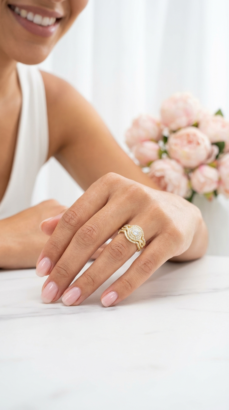 BETTY White CZ Diamond Halo Round Bridal Ring Set in 14K Gold Over Sterling Silver