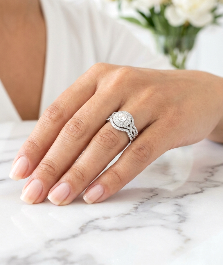 BETTY White CZ Diamond Halo Round Bridal Ring Set in Rhodium Over Sterling Silver