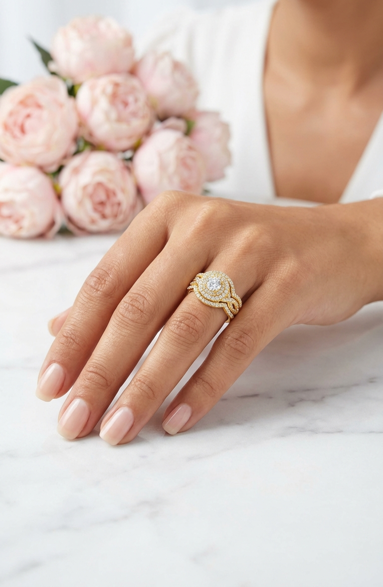 BETTY White CZ Diamond Halo Round Bridal Ring Set in 14K Gold Over Sterling Silver