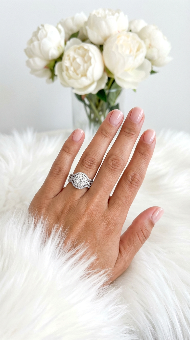 BETTY White CZ Diamond Halo Round Bridal Ring Set in Rhodium Over Sterling Silver