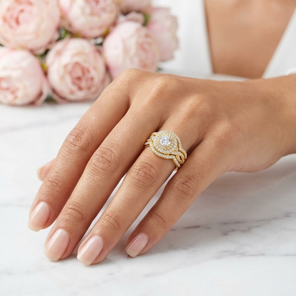 BETTY White CZ Diamond Halo Round Bridal Ring Set in 14K Gold Over Sterling Silver