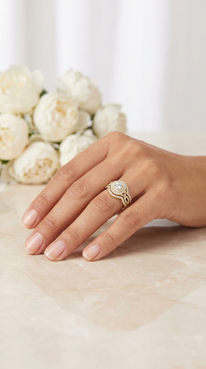 BETTY White CZ Diamond Halo Round Bridal Ring Set in 14K Gold Over Sterling Silver