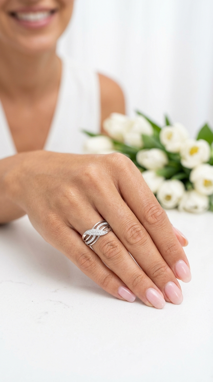 BIANCA Micro Pavé White CZ Diamond Crisscross Ring in Rhodium Over Sterling Silver