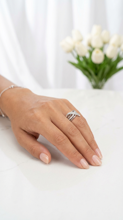 BIANCA Micro Pavé White CZ Diamond Crisscross Ring in Rhodium Over Sterling Silver