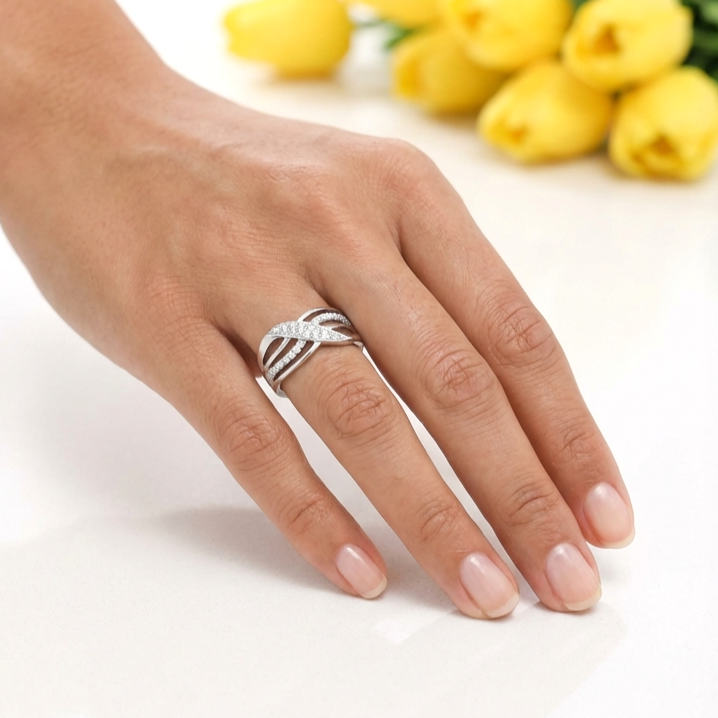 BIANCA Micro Pavé White CZ Diamond Crisscross Ring in Rhodium Over Sterling Silver