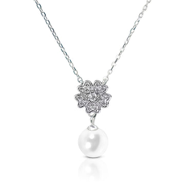 CHARLENE Crystal Flower & Pearl Pendant Necklace in White GP