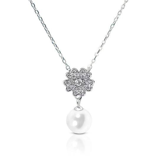 CHARLENE Austrian Crystal Pearl Necklace Pendant 18K White Gold Plated