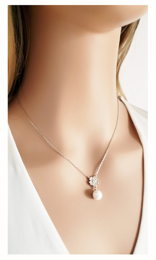 CHARLENE Austrian Crystal Pearl Necklace Pendant 18K White Gold Plated
