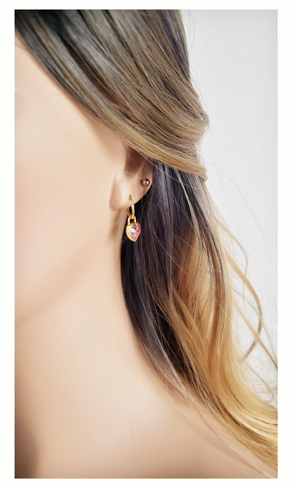 CLARA Pink Austrian Crystal Heart Detachable Drop Earrings 14K Gold Over Sterling Silver