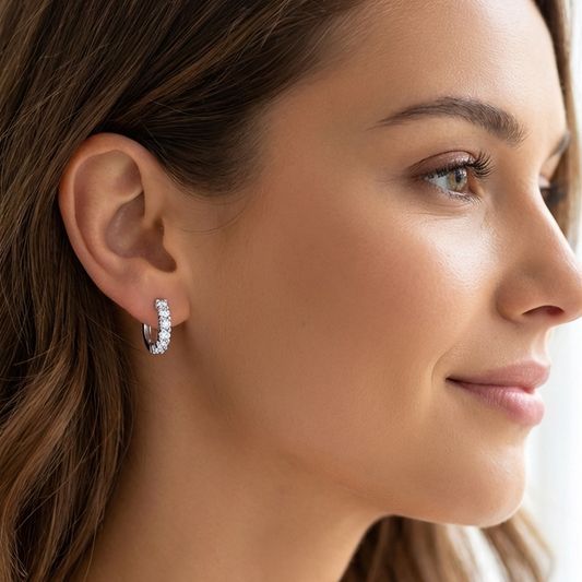 CAROLYNE 16MM White CZ Diamond Simulant Huggie Hoop Earrings in Rhodium Over Sterling Silver