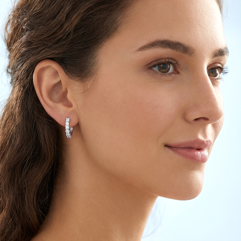 CAROLYNE 16MM White CZ Diamond Huggie Hoop Earrings in Rhodium Over Sterling Silver