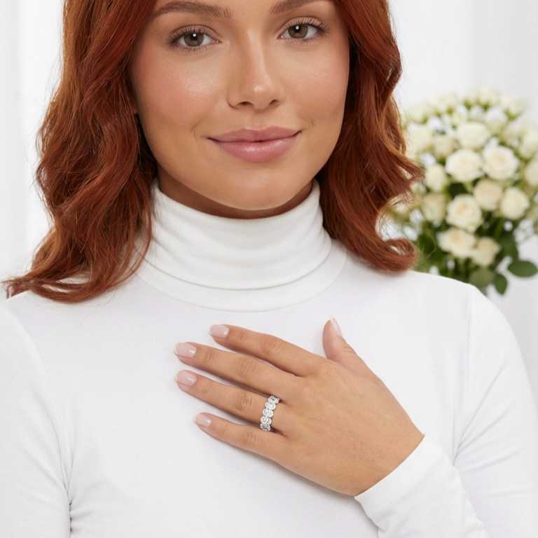 DANAMARIE White CZ Diamond Oval Cut Eternity Ring in Rhodium Over Sterling Silver