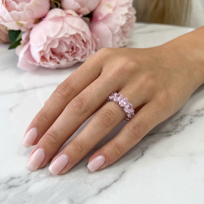 DANAMARIE Pink Oval Cut Eternity Ring in Rhodium Over Sterling Silver