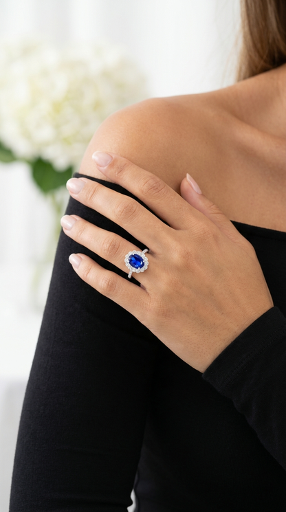 DIANA Oval Blue Sapphire Halo Ring in Rhodium Over Sterling Silver