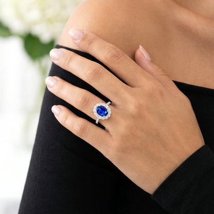 DIANA Oval Blue Sapphire Halo Ring in Rhodium Over Sterling Silver