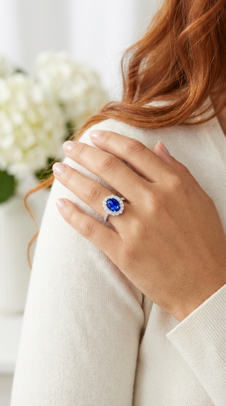 DIANA Oval Blue Sapphire Halo Ring in Rhodium Over Sterling Silver