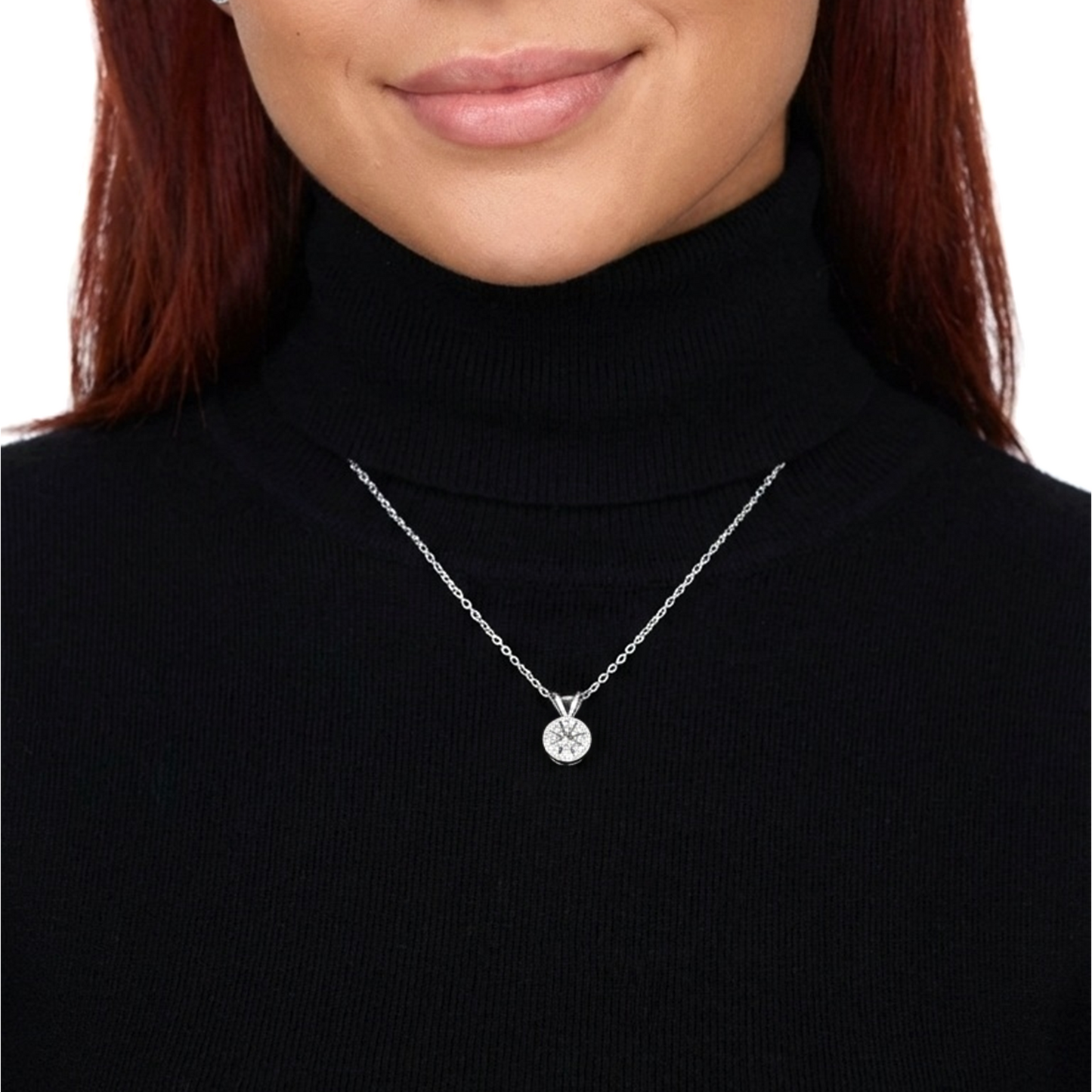 DIANE White CZ Diamond Round Halo Solitaire Pendant Necklace in Rhodium Over Sterling Silver