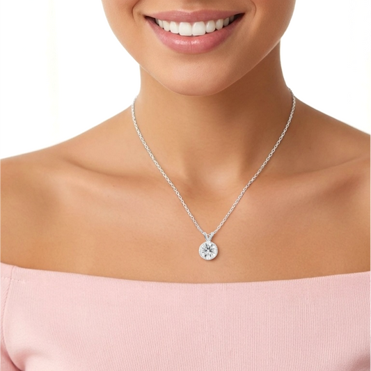 DIANE White CZ Diamond Round Halo Solitaire Pendant Necklace in Rhodium Over Sterling Silver