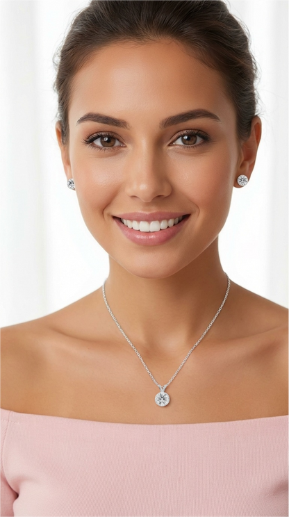 DIANE White CZ Diamond Round Halo Earrings, Necklace Set  in Rhodium Over Sterling Silver