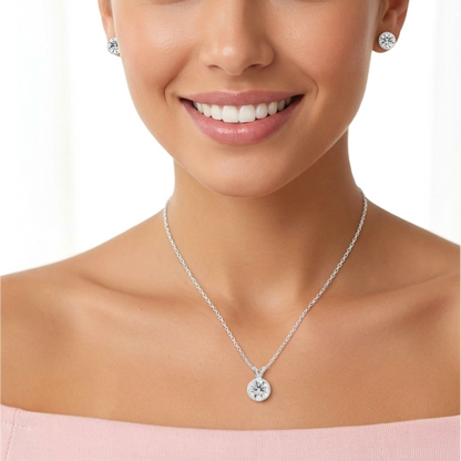 DIANE White CZ Diamond Round Halo Earrings, Necklace Set  in Rhodium Over Sterling Silver