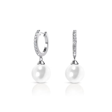 EUGENIE 25MM Pearl Drop Huggie Hoop Earrings in 18K White GP