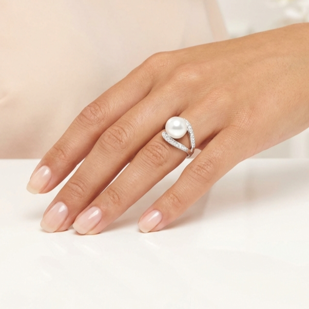EDEN Pearl And White CZ Diamond Ring in Rhodium Over Sterling Silver